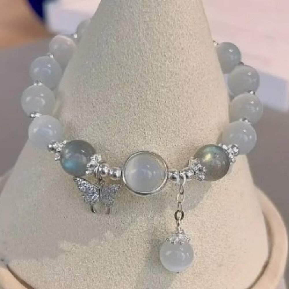 Sparkly Butterfly Charm Beaded Stretch Bracelet Unplated Silver Spacer Beads